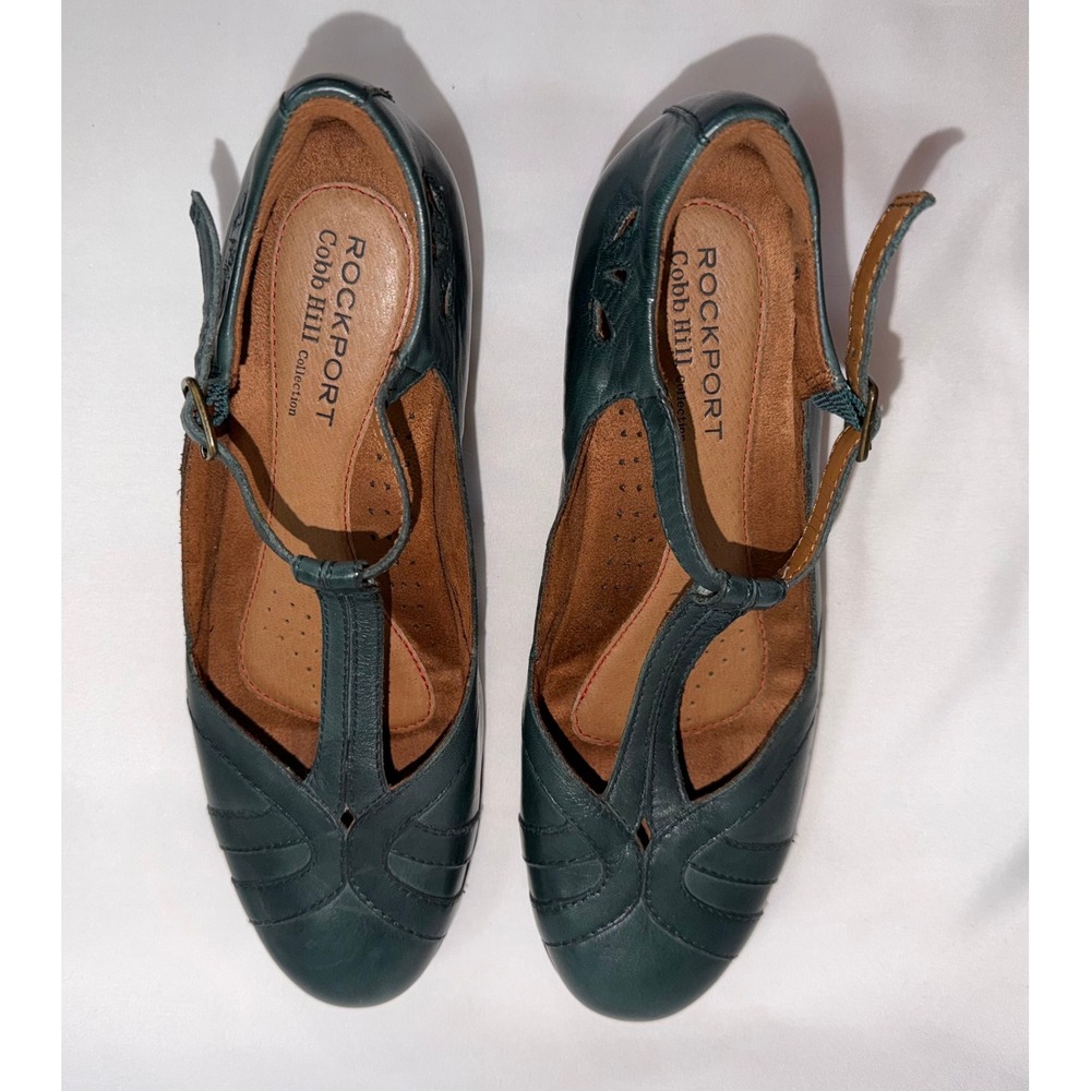 Rockport Cobb Hill Angelina Teal Green Leather T-Strap Mary Jane Heels Size 7